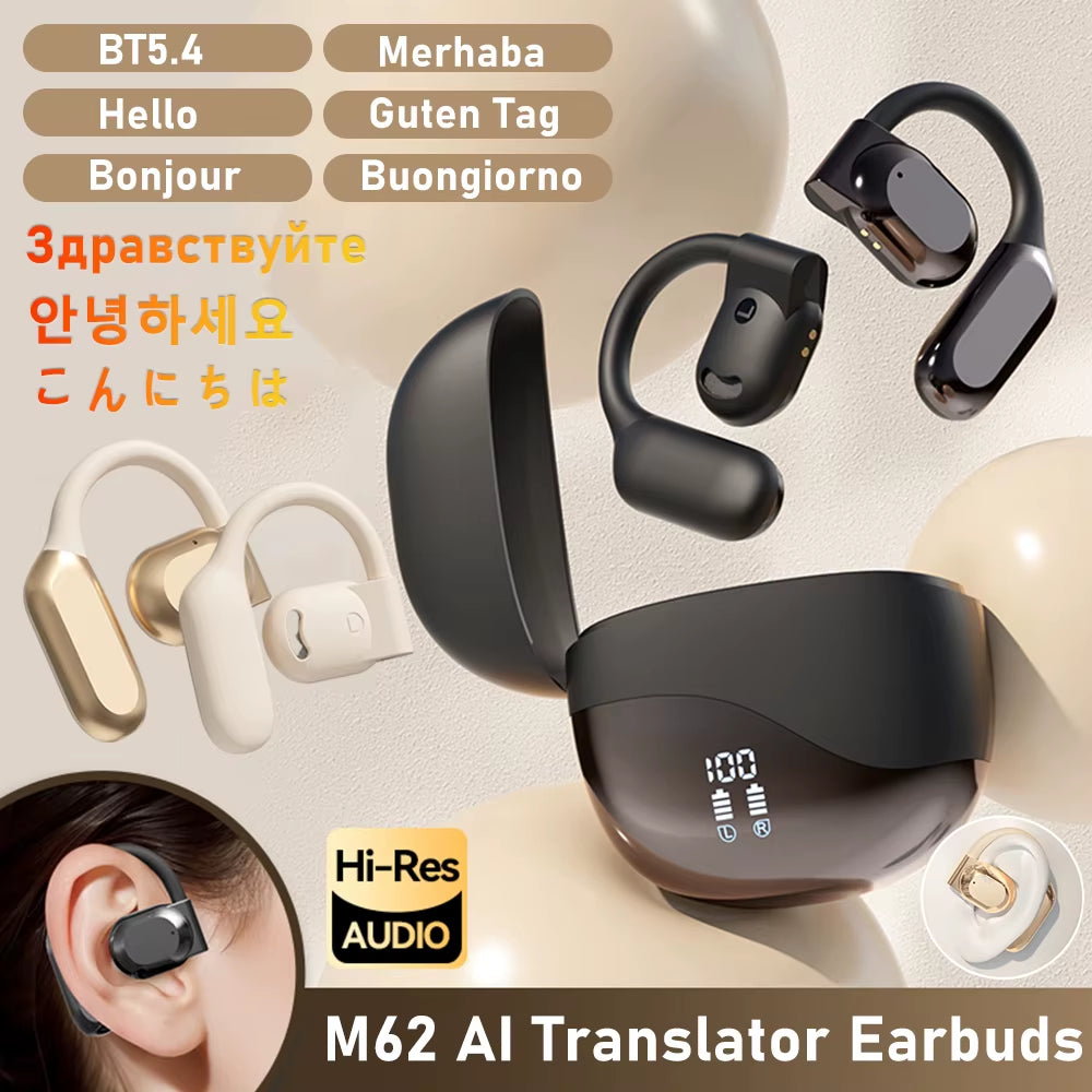 Real Time AI Translator Earbuds Bluetooth-Compatible 5.4 Translator Headset Noise Cancelling Translation Ear Hook for Business