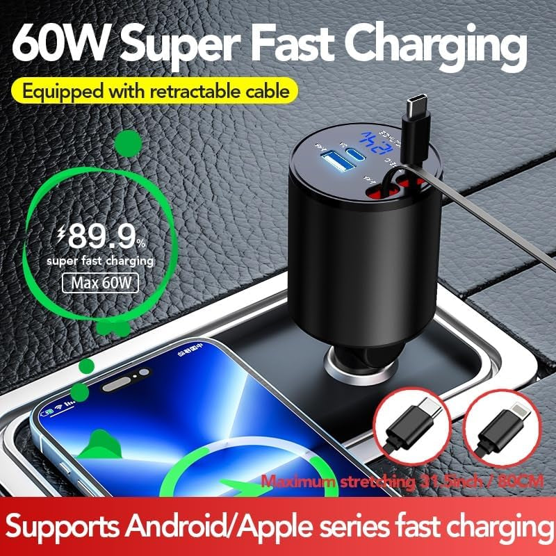 Retractable Car Charger, 4 in 1 Super Fast Car Phone Charger 60W, 2 Retractable Cables and 2 USB Ports Car Charging Adapter,Compatible with Iphone 17/16/15/14/13/12/11,Air-Pods Pro 3,Galaxy,Pixel