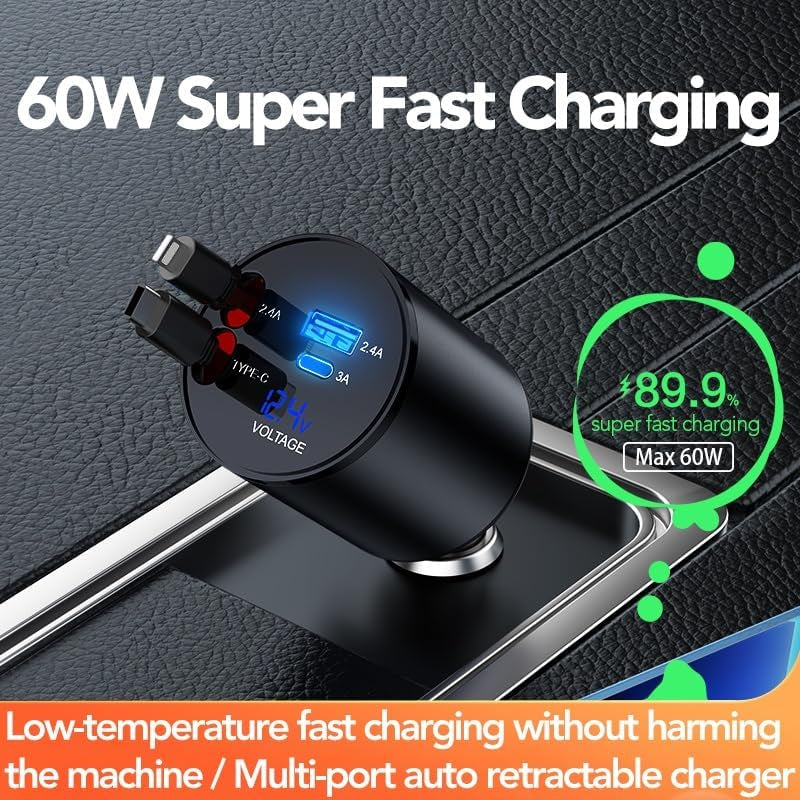 Retractable Car Charger, 4 in 1 Super Fast Car Phone Charger 60W, 2 Retractable Cables and 2 USB Ports Car Charging Adapter,Compatible with Iphone 17/16/15/14/13/12/11,Air-Pods Pro 3,Galaxy,Pixel