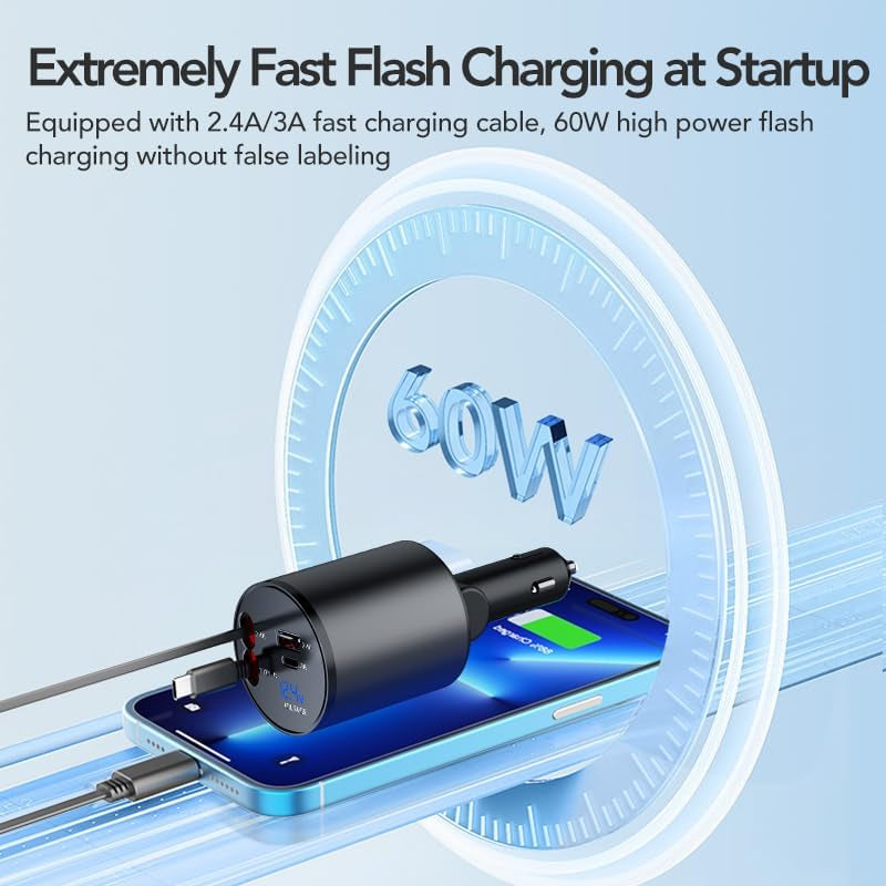 Retractable Car Charger, 4 in 1 Super Fast Car Phone Charger 60W, 2 Retractable Cables and 2 USB Ports Car Charging Adapter,Compatible with Iphone 17/16/15/14/13/12/11,Air-Pods Pro 3,Galaxy,Pixel
