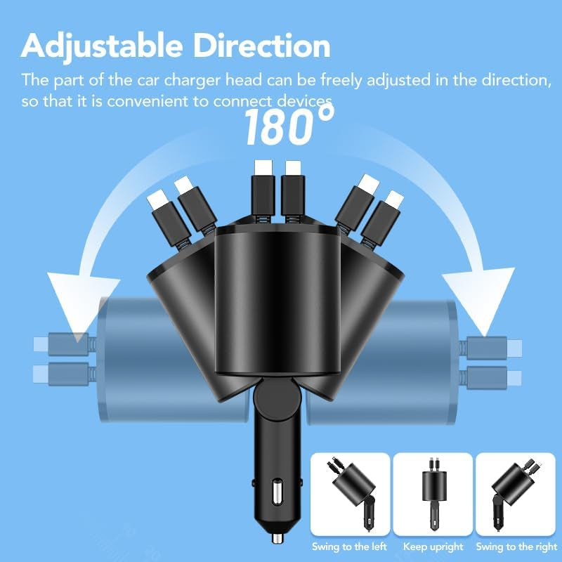 Retractable Car Charger, 4 in 1 Super Fast Car Phone Charger 60W, 2 Retractable Cables and 2 USB Ports Car Charging Adapter,Compatible with Iphone 17/16/15/14/13/12/11,Air-Pods Pro 3,Galaxy,Pixel