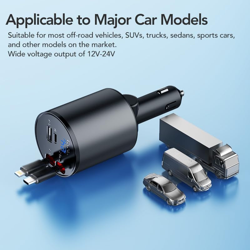 Retractable Car Charger, 4 in 1 Super Fast Car Phone Charger 60W, 2 Retractable Cables and 2 USB Ports Car Charging Adapter,Compatible with Iphone 17/16/15/14/13/12/11,Air-Pods Pro 3,Galaxy,Pixel